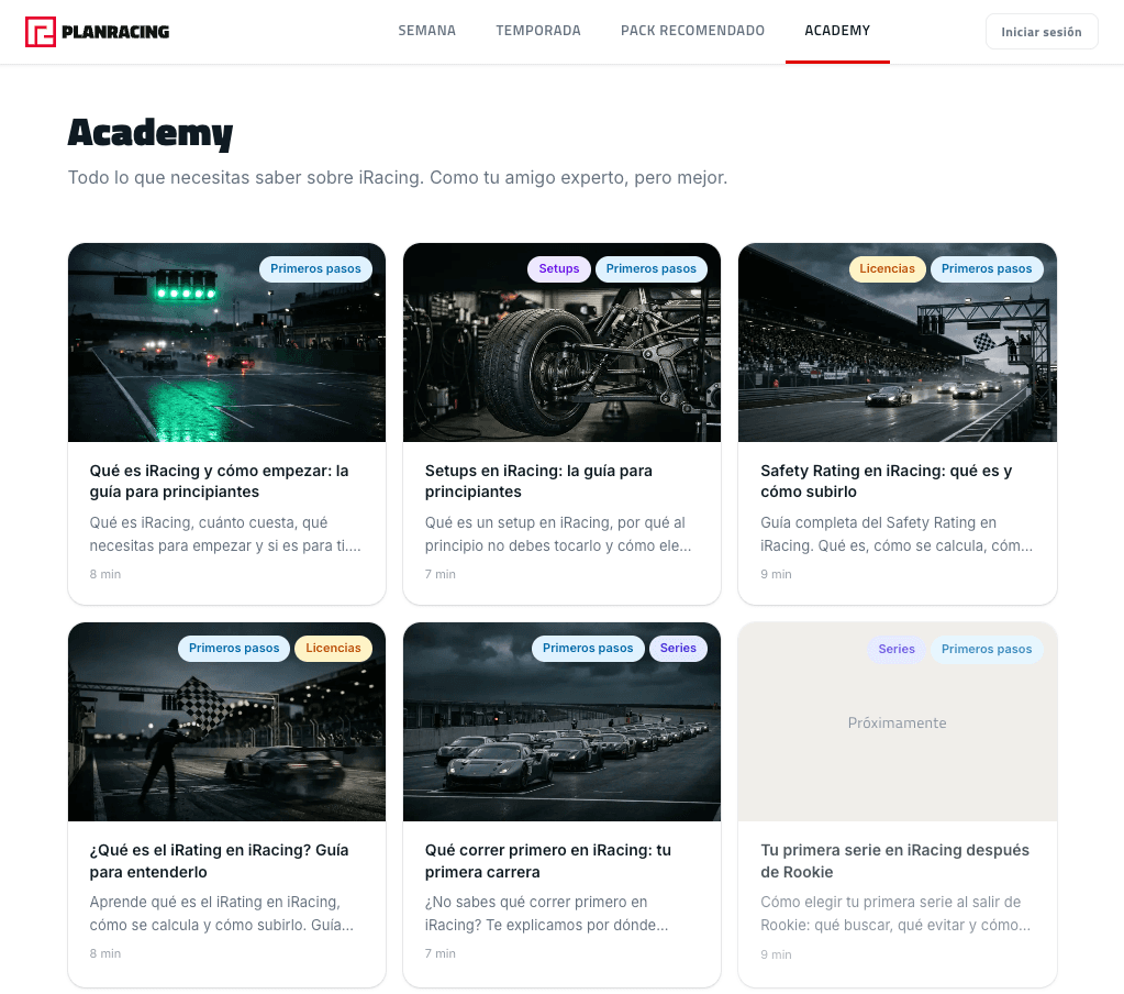 Hub de Academy de PlanRacing con guías y artículos sobre iRacing